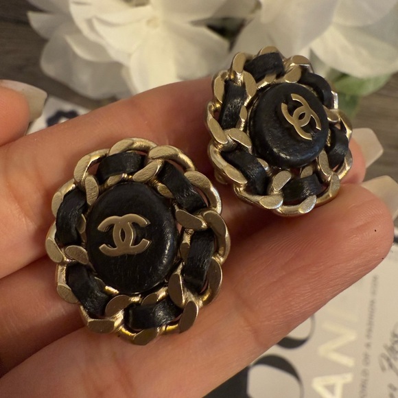 CHANEL Black Leather Gold CC Circle Stud Statement Earrings - Picture 3 of 8